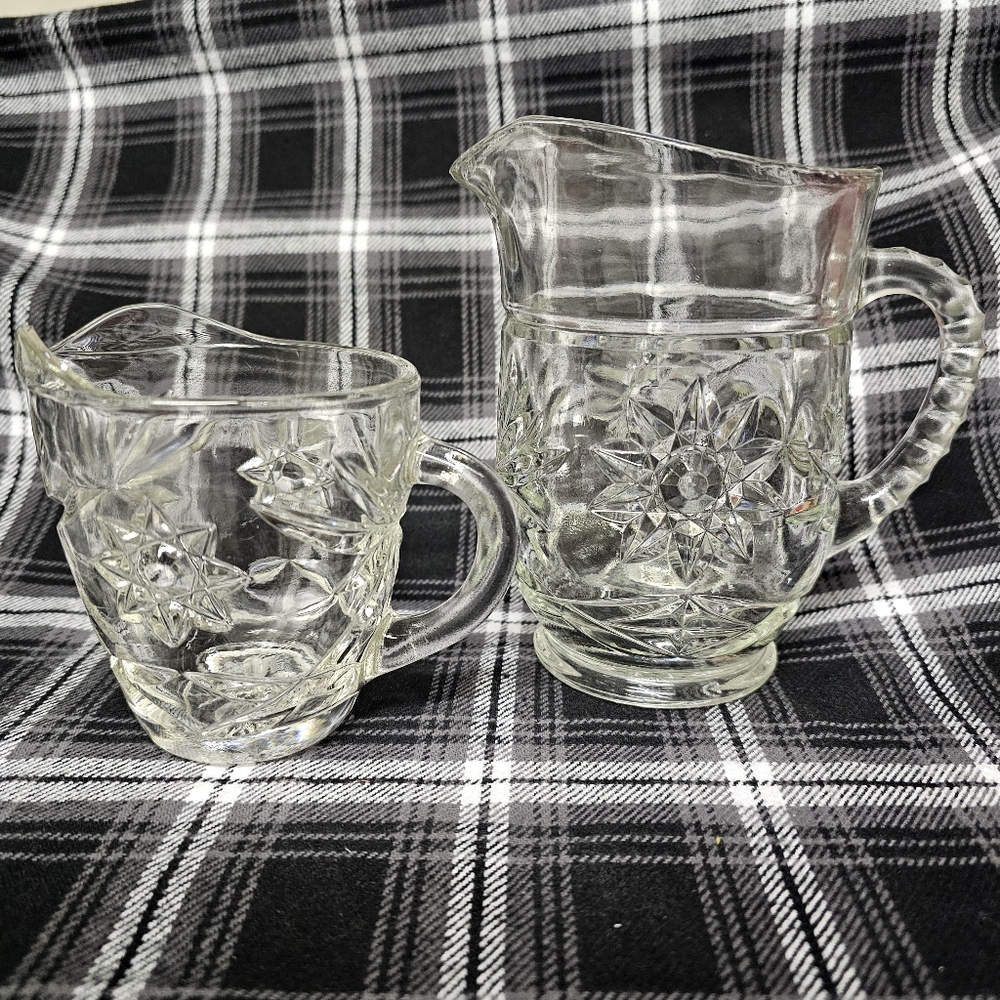 5.5" Vintage Anchor Hocking Pressed Glass Pitcher And 4" Mini Glass Pitcher